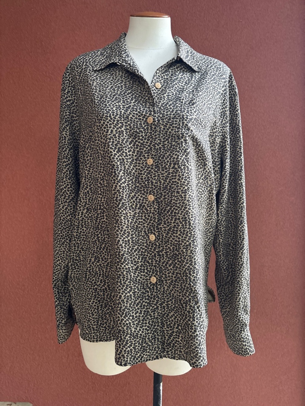 Leopard Print Silk Button-Up Shirt in Neutral Tones